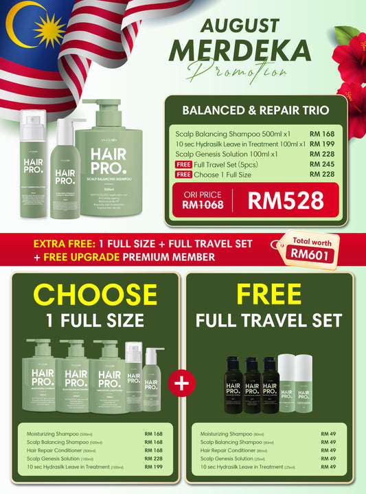 AUG HAIRPRO MERDEKA PROMOTION PACKAGE RM528 BUY 3 FREE 6 SCALP & TREAT & TONIC