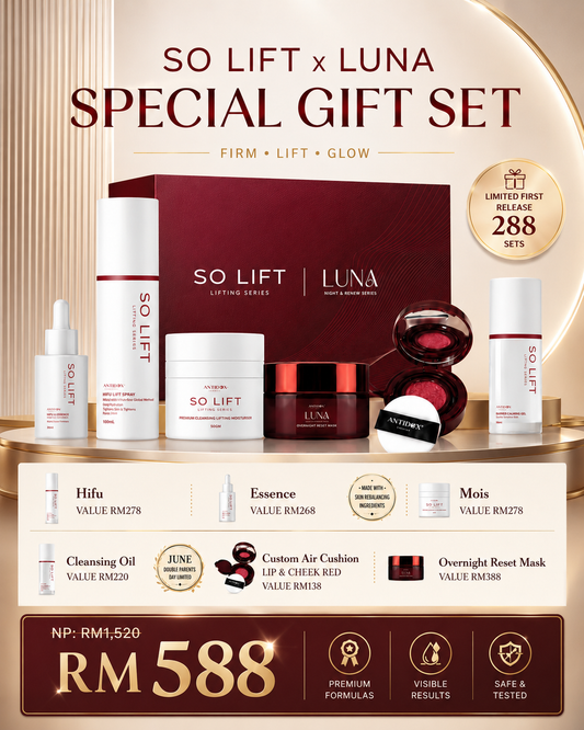 SoLift x Luna rose gift box — 6 full-size products including HIFU Lift Spray, Lifting Essence and Luna Overnight Reset Mask