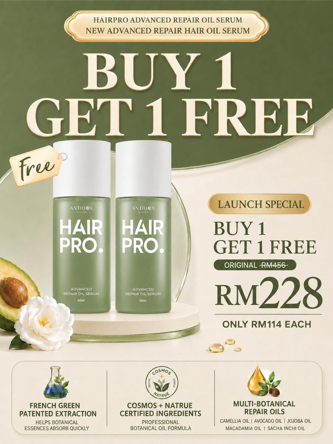 HairPro Advanced Repair Hair Oil Serum 50ml — buy 1 free 1 launch offer, botanical repair oils, COSMOS and NATRUE certified