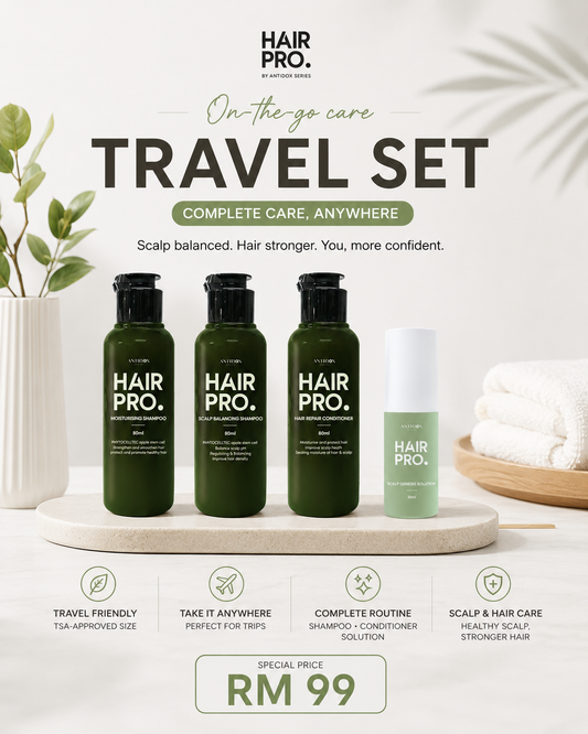 HairPro 4-step travel sizes — two 80ml shampoos, 80ml conditioner and 25ml scalp solution