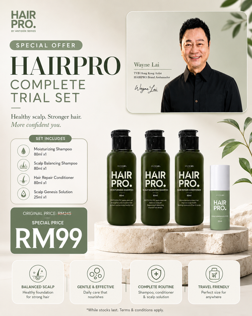 HairPro travel trial set RM99 — Moisturizing Shampoo, Scalp Balancing Shampoo, Hair Repair Conditioner and Scalp Genesis Solution