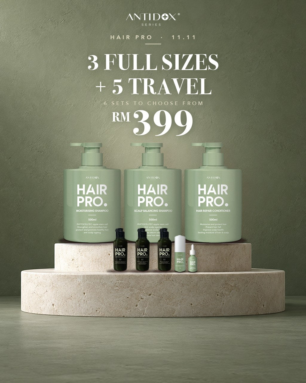 HAIRPRO 11.11 · 3 FULL SIZES + 5 TRAVEL SIZES